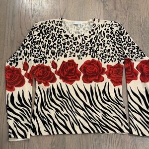 IN FASHION Women's Long Sleeve Sweater Leopard Rose Zebra Print Cream Black Red